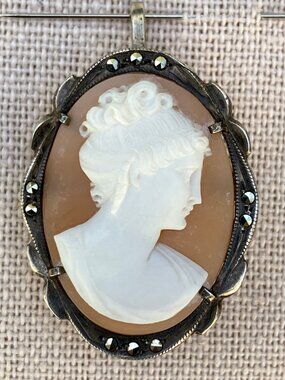 800 Silver and Marcasite Shell Carved Cameo Pendant Brooch